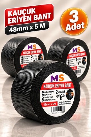 3 Adet Kauçuk Eriyen Bantı Siyah 48 Mm X 5 Metre Elektrikçi Kablo Boru Hortum İzolasyon Tamir Bandı