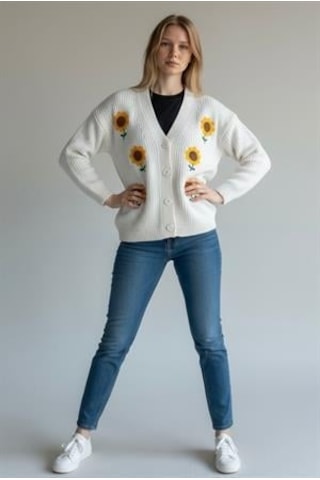 Bohem Stil Şardonlu Pamuklu Çiçek Motifli Hırka Beyaz