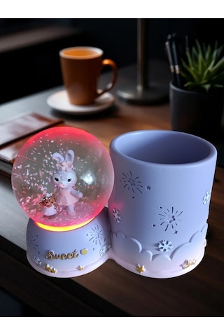 Tavşan Figürlü 15cmx10cm Ebat Pilli Işıklı Dekoratif Kar Küre Kalemlik 15cm X 10cm