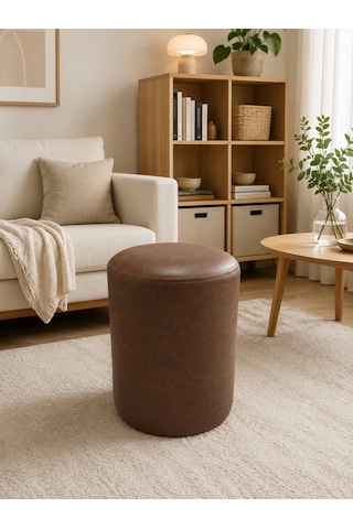 Acı Kahve Deri Puf 40x45 Cm Silindir Tasarım Dekoratif Oturma Pufu Salon Yatak Odası Antre Kahverengi