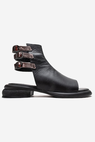Luvishoes Carına Siyah Cilt Hakiki Deri Yandan Fermuarlı Kadın Sandalet