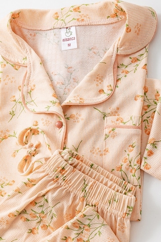 Uzun Kol Gömlek Yaka Kadın Pinterest Pijama Takımı - Mevsimlik Kadın Pijama- Geniş Beden Aralığı Turuncu