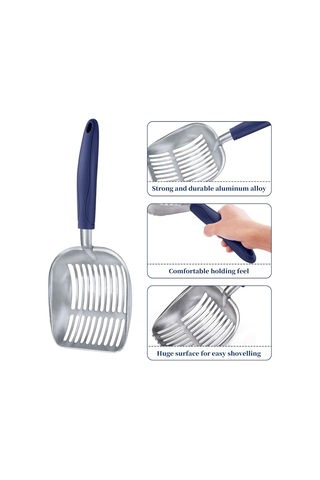 Geekyou Alüminyum Kedi Kumu Kova Kuşağı - Yumuşak Silikon Saplı, Kedi Şekilli Elek, Kolay Temizleme, Tüm Kedi Kumları İçin Koyu Mavi