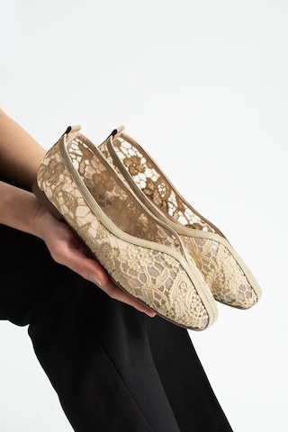 Dabab Shoes Florıa Dantel Kadın Bej Düz Babet Dantel Dokuma Çiçek Desenli Zarif Günlük Ayakkabı