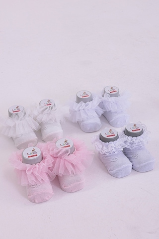 Burçak Çorap Soft Yıkamalı Kız Bebek Çorabı - Tül Ve Güpür Detaylı Pamuklu Model 4'lü Çok Renkli
