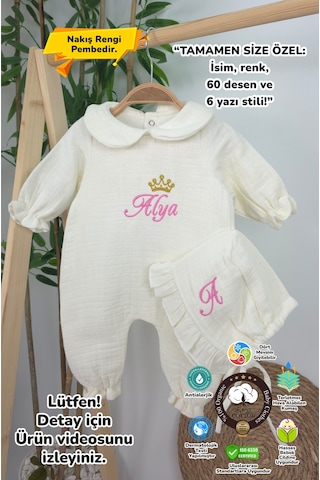 Gros Shop Müslin Yeni Doğan 4katlı Organik %100pamuk Kişiye Özgü Nakışlı Hastane Çıkış Seti-taçlı Gold Ekru