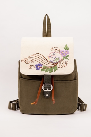 Fabric Craft Bag Sırt Çantası Kadın Nakış İşlemeli Kanvas Astarlı Haki 30x38 Cm