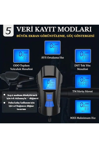 Greatech Şarjlı Bisiklet Lcd Hız Göstergesi Su Geçirmez Led Işık Km Ekran Kronometre Bisiklet Kornası Feneri Siyah - Mavi