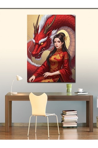 Kanvas Tablo Kırmızı Ejderha Ve Kadın 50cmx70cm