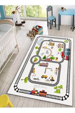 Trafik Tren Çocuk Oyun Halısı Kaymaz Makinede Yıkanabilir B1