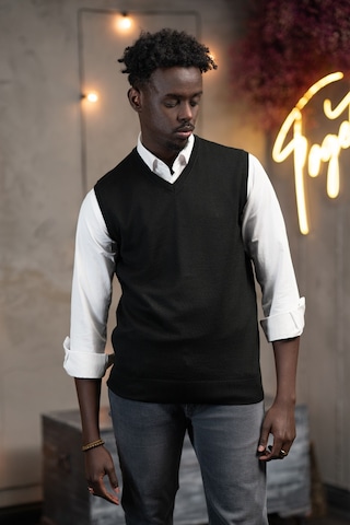 V Yaka Regular Fit Yünlü Kolsuz Triko Süveter Siyah