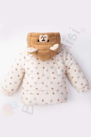 Bebek Vadisi Yeni Ayılı Kapüşonlu İçi Peluş Kürklü Kapitone Kalın Kar Kışlık Şişme Erkek Bebek Mont Çocuk Kaban Ekru