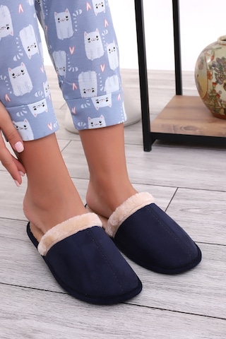 Wordex U050 Unisex Kışlık Ev İçi Terliği Kürklü Yünlü Terlik Lacivert
