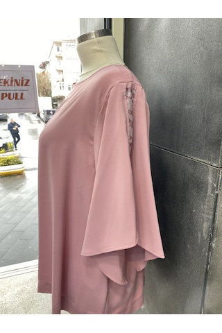 Pera Moda Yanları Boncuklu Zarif Kollu Uzun Oversize Büyük Beden Kadın Gömlek Pudra