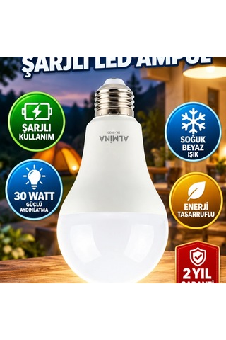 30w Şarjlı Led Ampul E27 Soğuk Beyaz Enerji Tasarruflu Aydınlatma