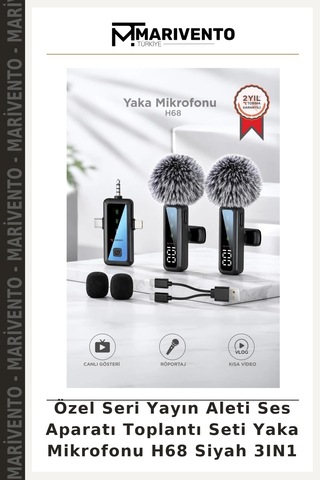 Özel Seri Yayın Aleti Ses Aparatı Toplantı Seti Yaka Mikrofonu H68 Siyah 3ın1