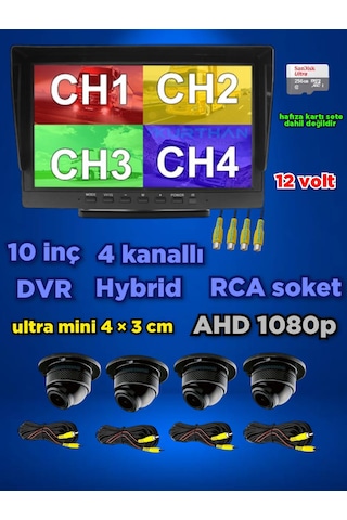 Dvr 10'' Ekran + 4 Ad Ahd 1080p Ultra Mini Kamera Seti 150'' Lens