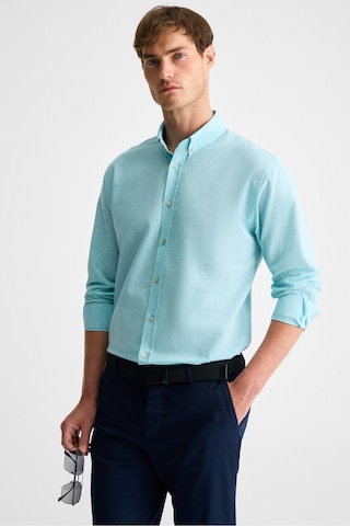 Lasse Erkek Gömlek Yaka Manşetli Uzun Kollu Regular Fit Keten Karışımlı Mint Yeşil Gömlek