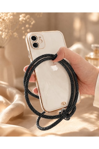 Siyah Taşlı Telefon Boyun Askısı Kristal Taşlı Şık Boyun Askısı