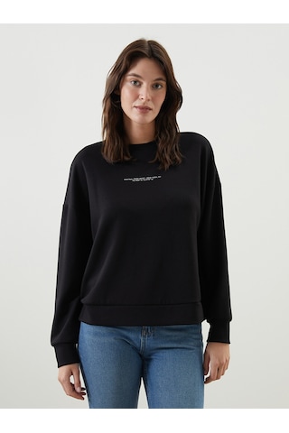 Lcw Vision Siyah Bisiklet Yaka Baskılı Oversize Kadın Sweatshirt