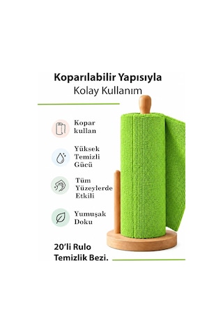 20 Li Rulo Mikrofiber Temizlik Bezi 25x30 Cm Yıkanabilir Kopart Kullan Süper Emici İz Bırakmaz Yeşil