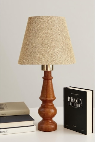 Ahşap Gövdeli Kumaş Başlıklı Dekoratif Abajur Masa Lambası Aydınlatma Lamba Ekru