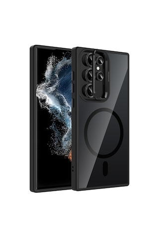 Galaxy Uyumlu S22 Ultra Kılıf Standlı + Kamera Lens Koruma Setli M-safe Şarj Özellikli Mkst Siyah Siyah