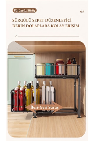 2 Katlı Raylı Lavabo Altı Organizer - Sürgülü Çok Amaçlı Dolap İçi Düzenleyici Metal Raf Siyah