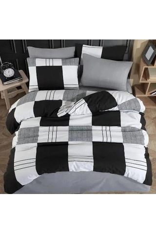Lüks%80 Pamuklu Çift Kişilik Nevresim Takımı Seti Yorgan Kılıfı Siyah Gri Beyaz Kareli Desen 200x220 Cm + Lastik Çok Renkli