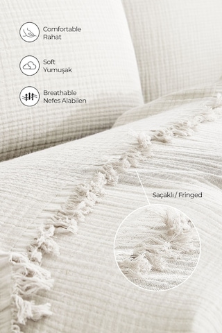 %100 Pamuk Müslin Yatak Örtüsü Seti Tek Kişilik 4 Kat Yumuşak Müslin Pike Takımı Battaniye Krem Krem