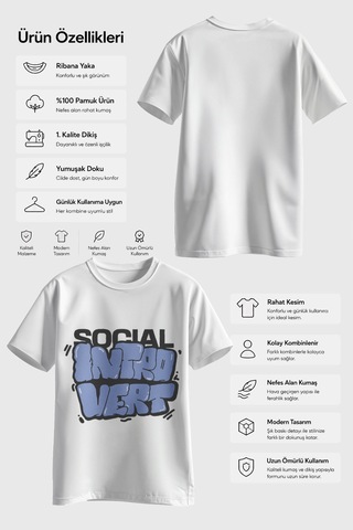 Spoyi Sosyal Introvert Tasarımlı %100 Pamuk Yarım Oversize Beyaz T-lhirt