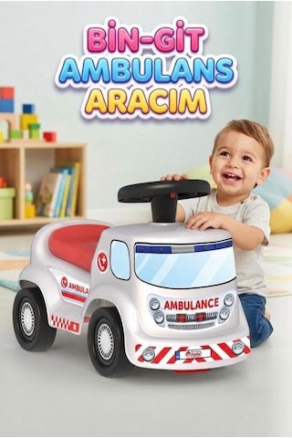 Kornalı Bin-git Ambulans Aracı Eğlenceli İlk Sürüş Deneyimi Eğitici Öğretici Oyuncak 55 Cm Beyaz