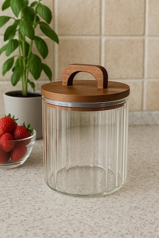 Qerhome Borosilikat Cam Optik Çizgili Akasya Kapaklı Kavanoz Zahire 1750 Ml Şeffaf