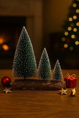 Hoşgeldin Yeni Yıl 3 Lü Mini Kar Efektli Ahşap Kütük Üstünde Mini Noel Çam Ağacı Seti 16 11 10 Cm Çok Renkli