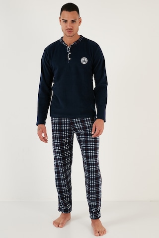 Buratti Ekoseli Regular Fit Düğmeli Bisiklet Yaka Kışlık Polar Erkek Pijama Takımı 60961002 Lacivert