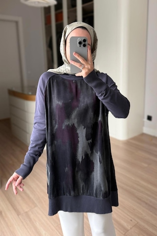 Kahijab Yan Fermuarlı Desenli Boğazlı Merserize Tunik - Antrasit