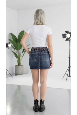 Byemelika Rahat Kalıp, Çift Katmanlı , Tasarım Cep Detaylı, Beli Lastikli, Denim Mini Etek Kahverengi
