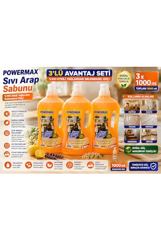 Powermax Sıvı Arap Sabunu 1000 Ml X3 Set Çok Amaçlı Doğal Sabun Bazlı Temizleyici 3'lü Set