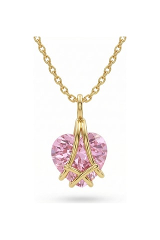 925 Ayar Gümüş Gold Renk Pembe Kuvars Taşlı Kafes Kalp Arkadaşlık Kolyesi Gümüş - Rodyum