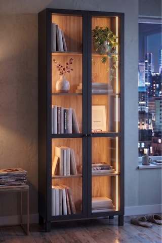 Yurudesign Yoda Temperli Cam Kapaklı Neon Led Işıklı Vitrin Büfe Kitaplık Ahşap Ayaklı 5 Raflı Sepet-siyah 183cm Yd6-sb