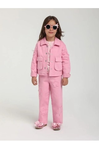 Kız Çocuk Yıldız İşlemeli Cep Detaylı Tasarım Pembe Kot Ceket-15651 Pembe