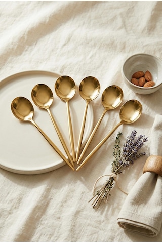 6'lı Lüks Gold Paslanmaz Çelik Tatlı Kaşığı Seti 16 Cm Gold