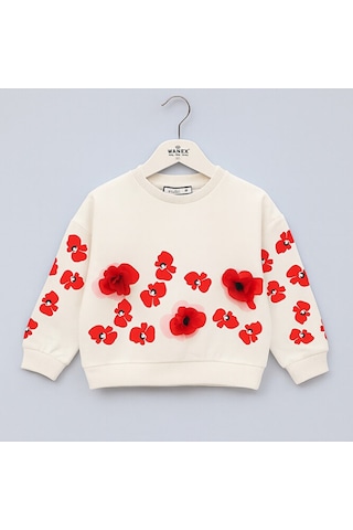 Kız Çocuk Çiçek Aplikeli Uzun Kollu Sweatshirt Vanilya Renk 4 9 Yaş Beyaz