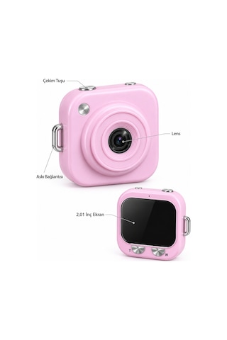 Pembe Renk 2,01 İnç Ekranlı Taşınabilir Mini Dijital Fotoğraf Makinesi - Lisinya Belirtilmemiş