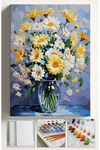 Sayılarla Boyama Seti Numaralı Tuval Fırça Boya Dahil Kasnaklı Set 40x50 Cm - Vazoda Papatyalar
