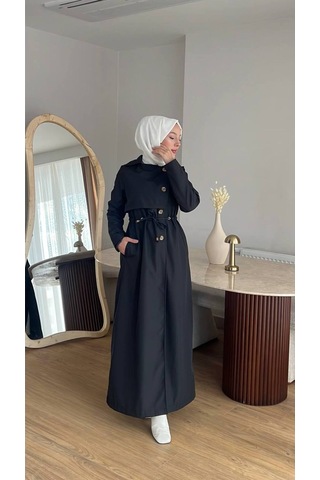 Esra Butik78 Kadın Düğmeli Trençkot Kendi Kumaşından Kemerli Model Siyah
