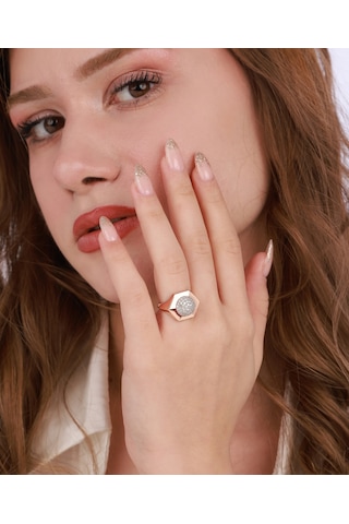 Ortası Yuvarlak Çokgen Model Gümüş Yüzük - Rose Renk Pembe Altın