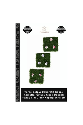 Teras Detayı Dekoratif Kapak Kamuflaj Örtüsü Çiçek Desenli Yapay Çim Gider Kapağı 96x5 Cm Çok Renkli