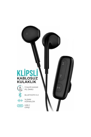 Exenar - Siyah - Yaka Klipsli Bluetooth Kulaklık Kulakiçi Kablolu Kablosuz Tws Mikrofonlu Yaka Kulaklık Boyun Asmalı