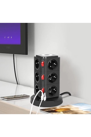 Akım Korumalı Priz Kablosuz Şarj İstasyonu 12xsoket 1xusb 2xtype-c 2 Mt Kablolu Grup Priz Çoğaltıcı 2 M
